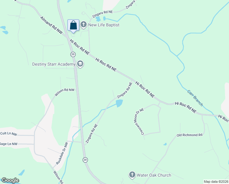 map of restaurants, bars, coffee shops, grocery stores, and more near 2410 Zingara Road Northeast in Conyers