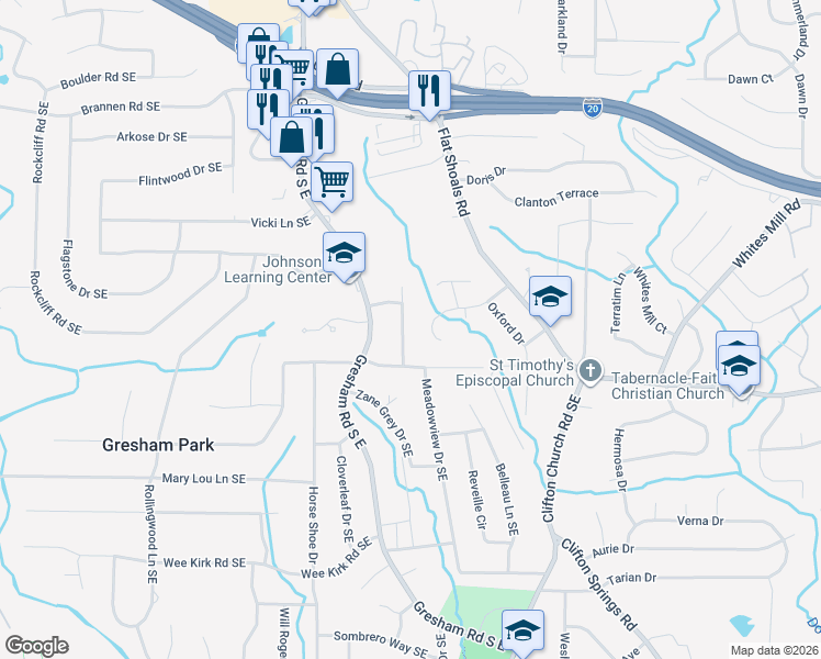 map of restaurants, bars, coffee shops, grocery stores, and more near 2712 Larkspur Drive Southeast in Atlanta