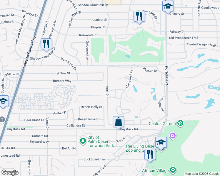 map of restaurants, bars, coffee shops, grocery stores, and more near 46860 Amir Drive in Palm Desert