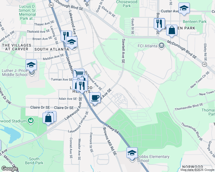 map of restaurants, bars, coffee shops, grocery stores, and more near 1117 Oak Knoll Terrace Southeast in Atlanta
