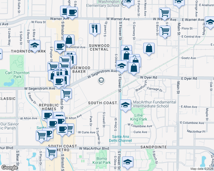 map of restaurants, bars, coffee shops, grocery stores, and more near 2802 South Flower Street in Santa Ana