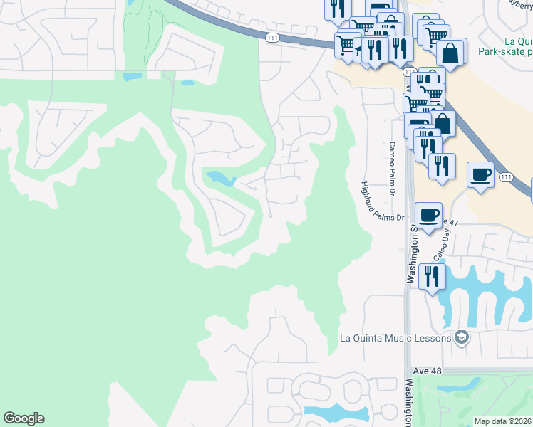 map of restaurants, bars, coffee shops, grocery stores, and more near 77812 Cottonwood Cove in Indian Wells