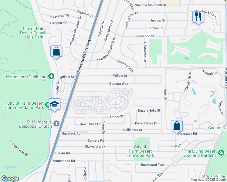map of restaurants, bars, coffee shops, grocery stores, and more near 73189 Alice Marble Lane in Palm Desert