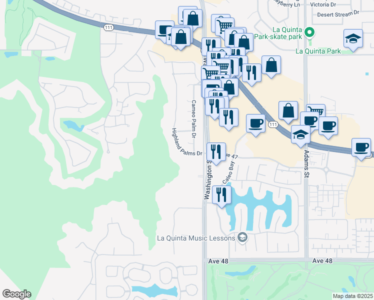 map of restaurants, bars, coffee shops, grocery stores, and more near 46845 Golden Sands Place in La Quinta