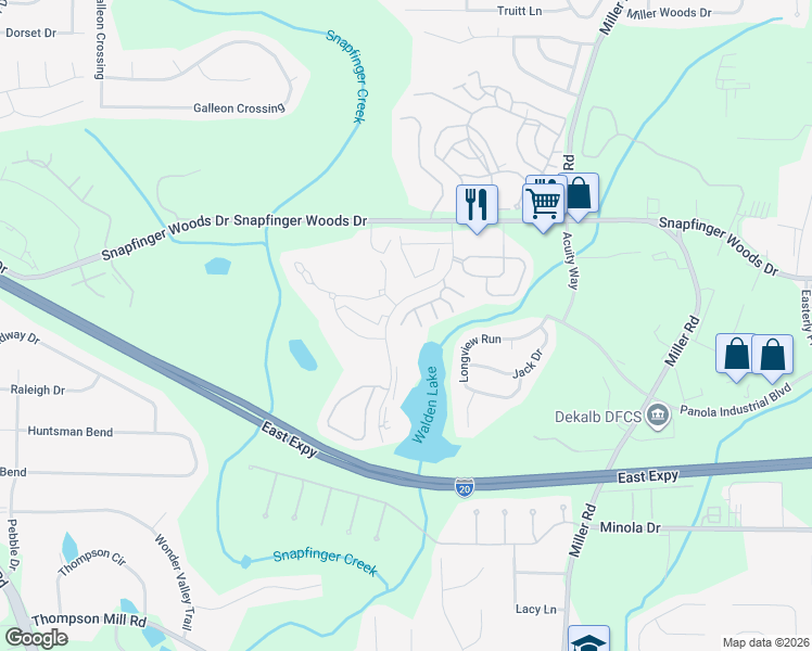 map of restaurants, bars, coffee shops, grocery stores, and more near 2573 Walden Lake Drive in Decatur