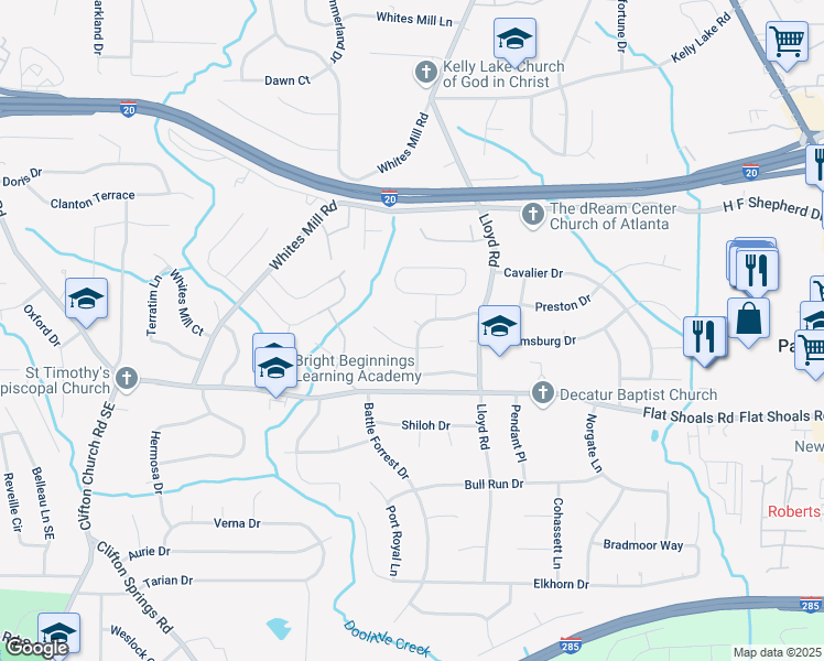 map of restaurants, bars, coffee shops, grocery stores, and more near 2485 Shady Shoals Court in Decatur