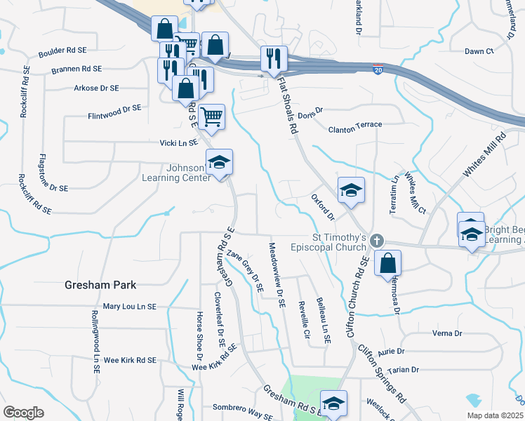 map of restaurants, bars, coffee shops, grocery stores, and more near 2724 Larkspur Drive Southeast in Atlanta