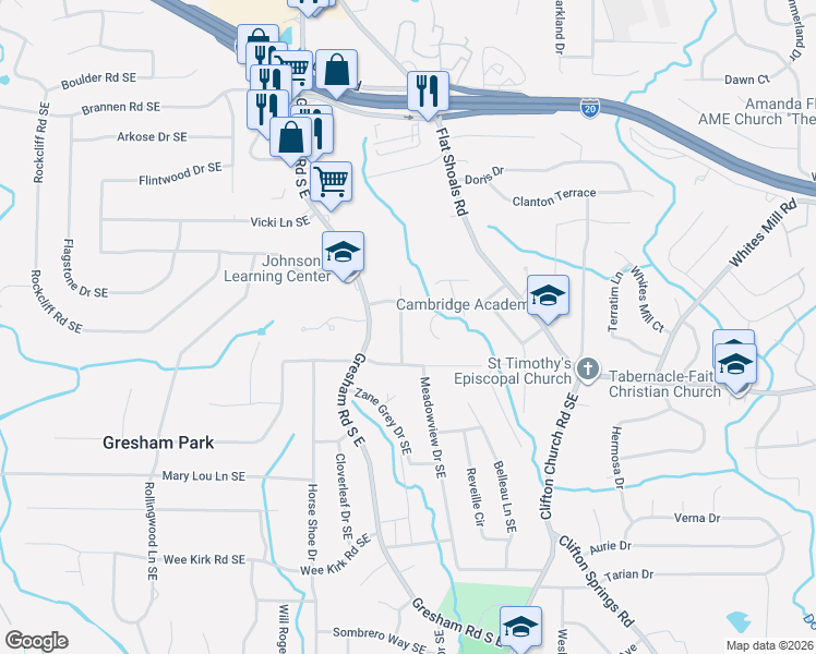 map of restaurants, bars, coffee shops, grocery stores, and more near 2712 Larkspur Drive Southeast in Atlanta