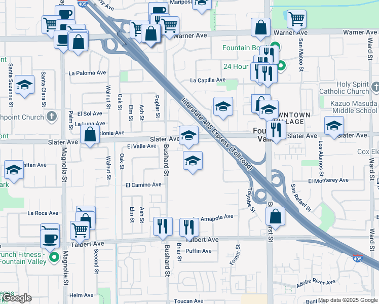 map of restaurants, bars, coffee shops, grocery stores, and more near 9600 Dolphin Avenue in Fountain Valley