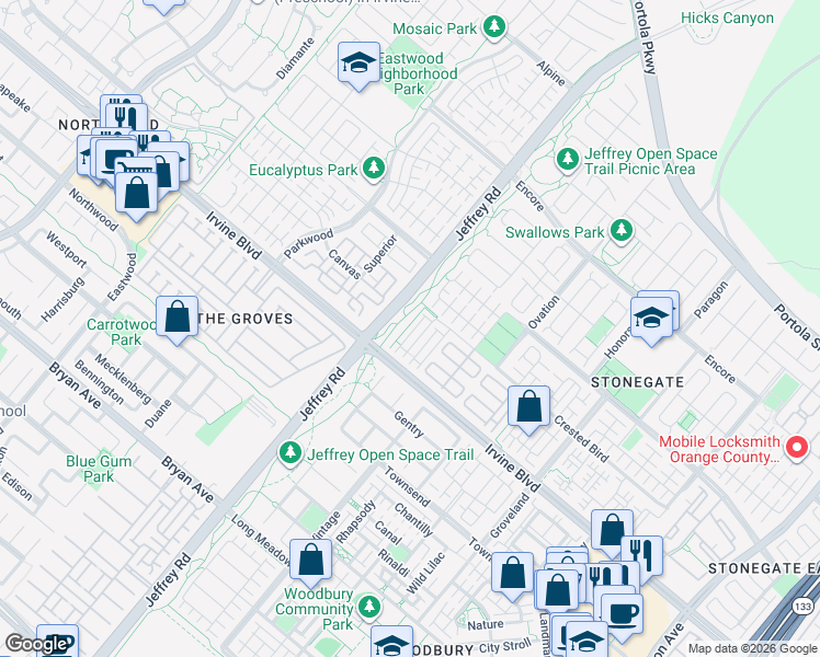map of restaurants, bars, coffee shops, grocery stores, and more near 111 Thornhurst in Irvine
