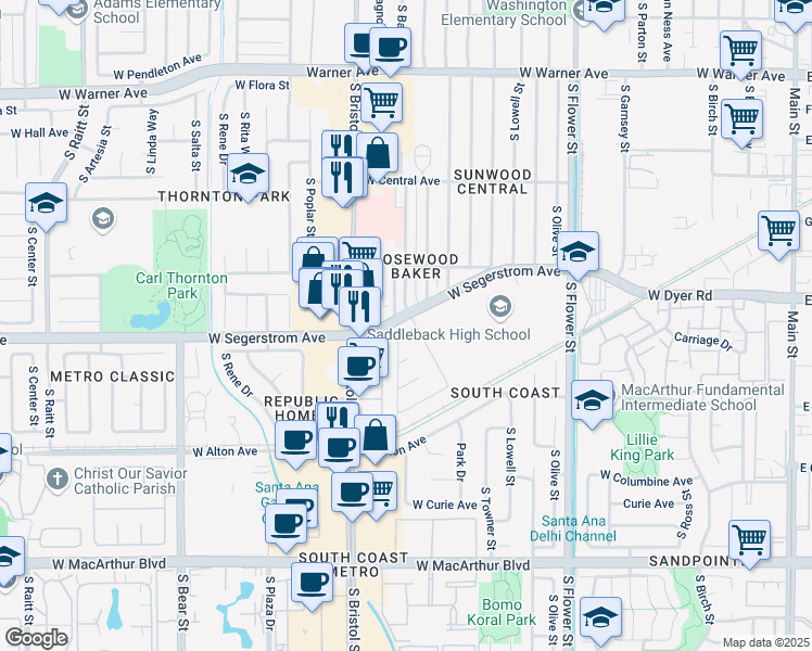 map of restaurants, bars, coffee shops, grocery stores, and more near 1105 Carriage Drive in Santa Ana