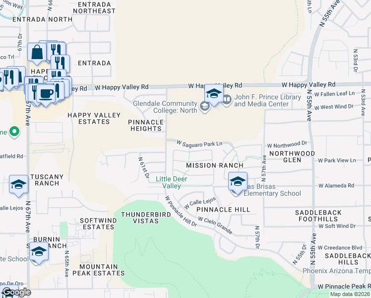 map of restaurants, bars, coffee shops, grocery stores, and more near 6004 West Questa Drive in Glendale
