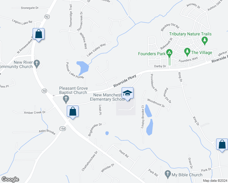 map of restaurants, bars, coffee shops, grocery stores, and more near 2302 Old Lower River Road in Douglasville