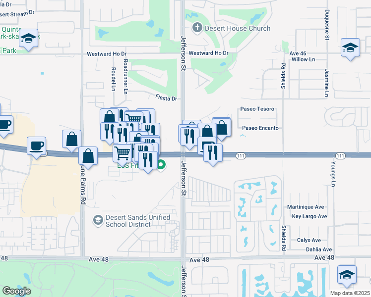 map of restaurants, bars, coffee shops, grocery stores, and more near 47298 Jefferson Street in Indio