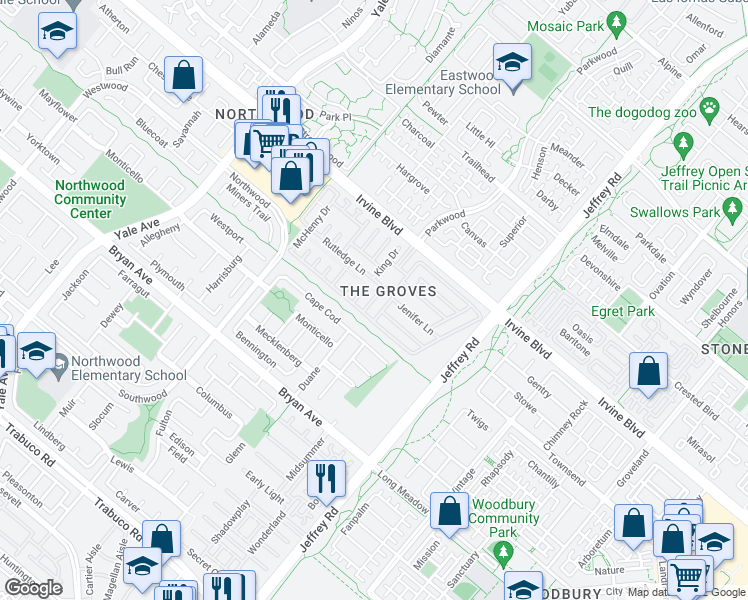 map of restaurants, bars, coffee shops, grocery stores, and more near Johnson Drive in Irvine