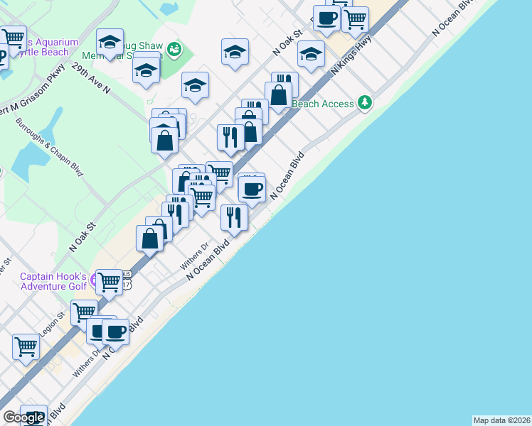map of restaurants, bars, coffee shops, grocery stores, and more near 3000 North Ocean Boulevard in Myrtle Beach