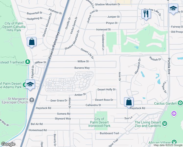map of restaurants, bars, coffee shops, grocery stores, and more near 73255 Rod Laver Lane in Palm Desert