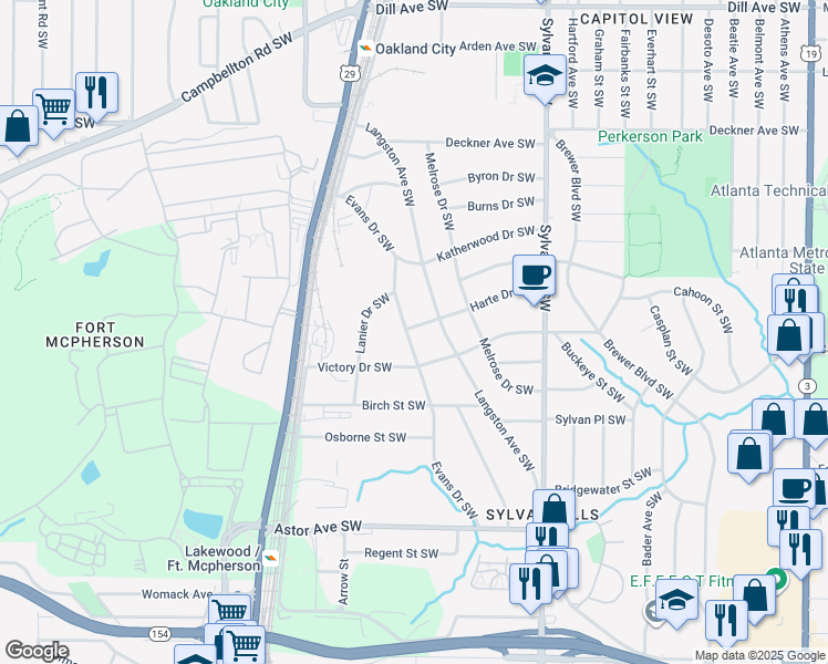 map of restaurants, bars, coffee shops, grocery stores, and more near 1730 Evans Drive Southwest in Atlanta