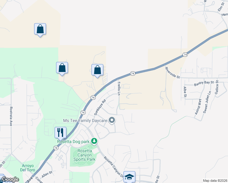 map of restaurants, bars, coffee shops, grocery stores, and more near 45028 Altissimo Way in Lake Elsinore