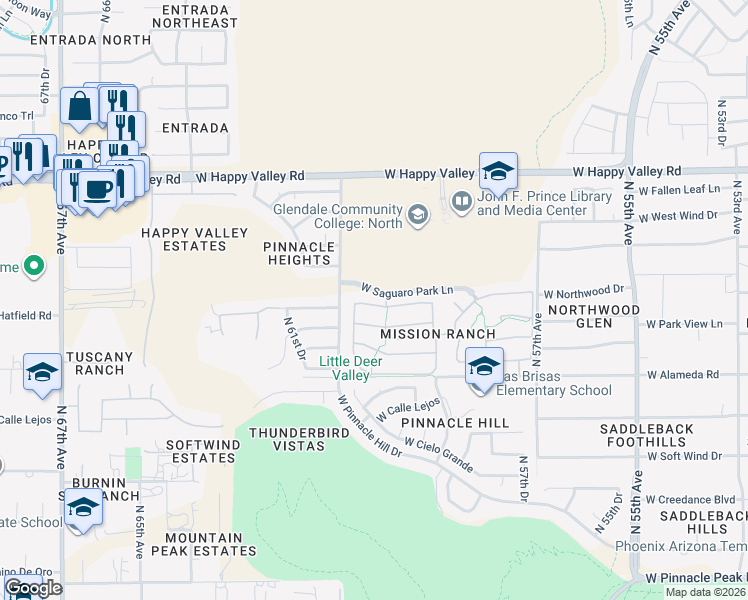 map of restaurants, bars, coffee shops, grocery stores, and more near 6004 West Questa Drive in Glendale