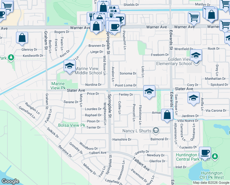 map of restaurants, bars, coffee shops, grocery stores, and more near 6041 Fenley Drive in Huntington Beach