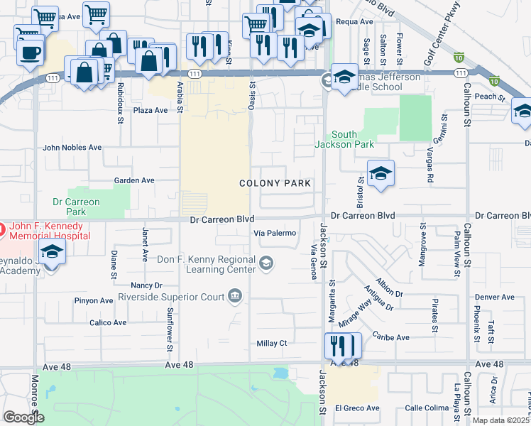 map of restaurants, bars, coffee shops, grocery stores, and more near 82763 Jamestown Avenue in Indio