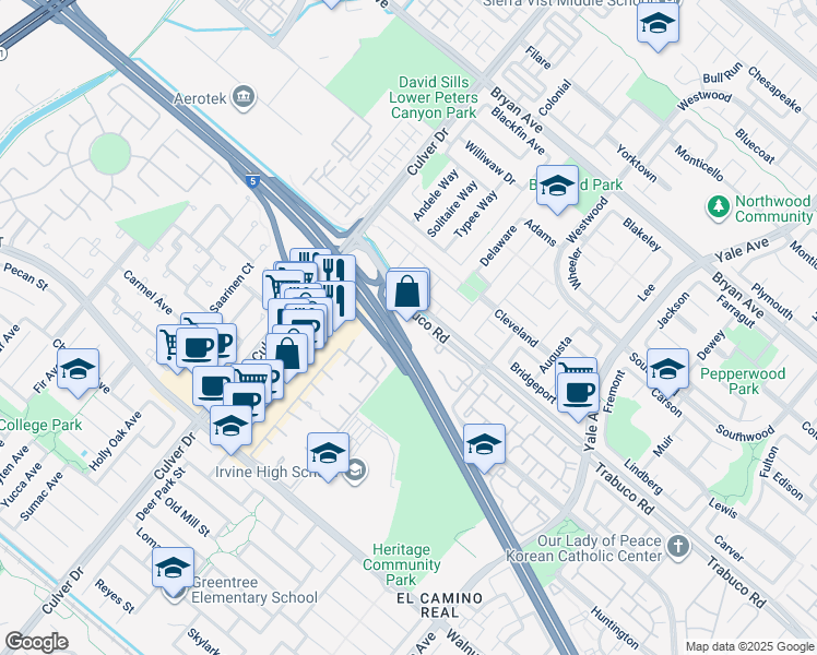 map of restaurants, bars, coffee shops, grocery stores, and more near Santa Ana Freeway in Irvine