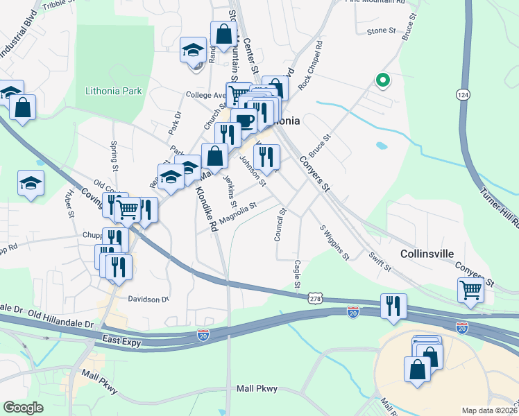 map of restaurants, bars, coffee shops, grocery stores, and more near 6895 Magnolia Street in Lithonia