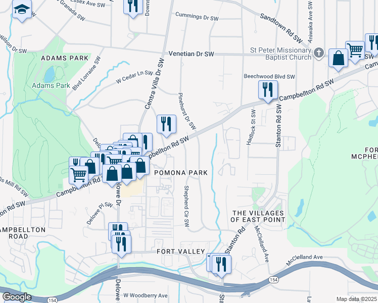 map of restaurants, bars, coffee shops, grocery stores, and more near 1730 Timothy Drive Southwest in Atlanta