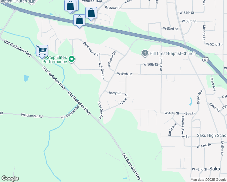map of restaurants, bars, coffee shops, grocery stores, and more near 1317 Barry Road in Anniston