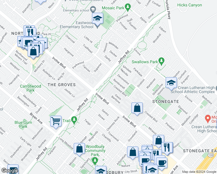 map of restaurants, bars, coffee shops, grocery stores, and more near 59 Thornhurst in Irvine