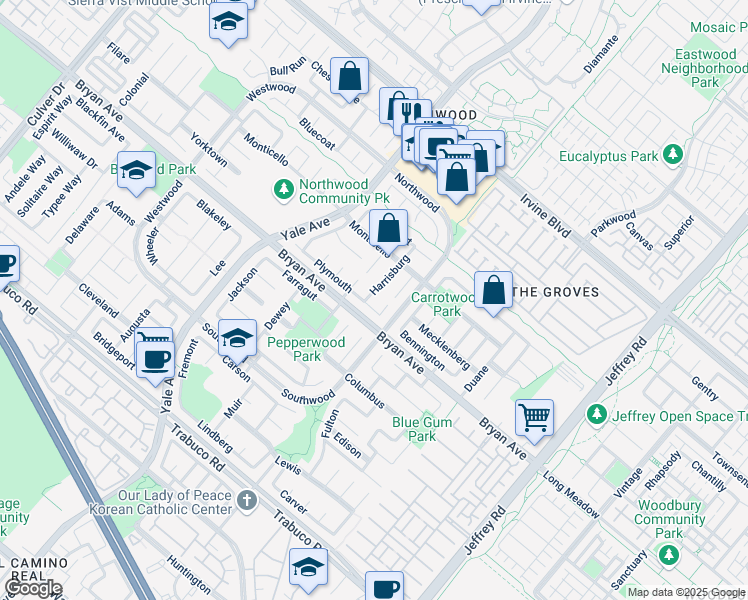 map of restaurants, bars, coffee shops, grocery stores, and more near 4 Harrisburg in Irvine
