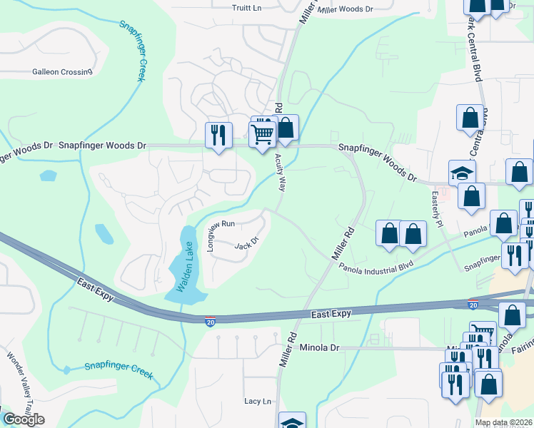 map of restaurants, bars, coffee shops, grocery stores, and more near 4997 Longview Run in Decatur