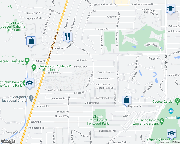 map of restaurants, bars, coffee shops, grocery stores, and more near 73257 Rod Laver Lane in Palm Desert