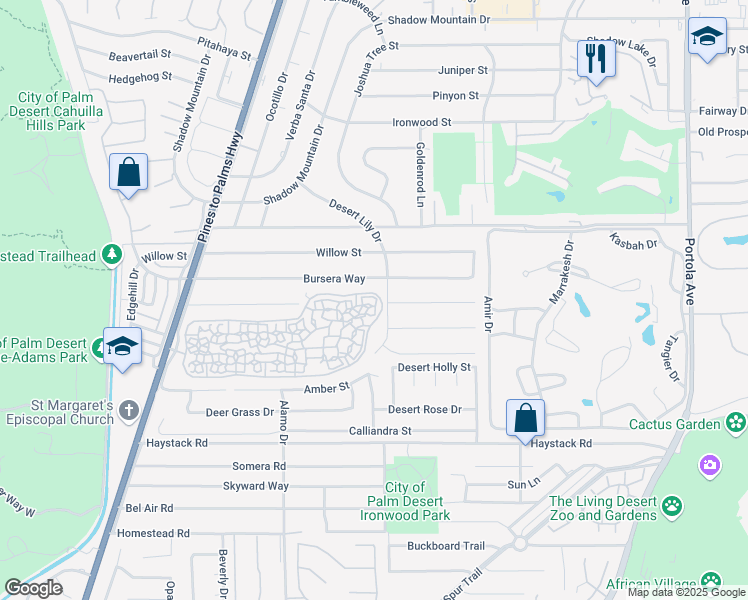 map of restaurants, bars, coffee shops, grocery stores, and more near 73257 Rod Laver Lane in Palm Desert