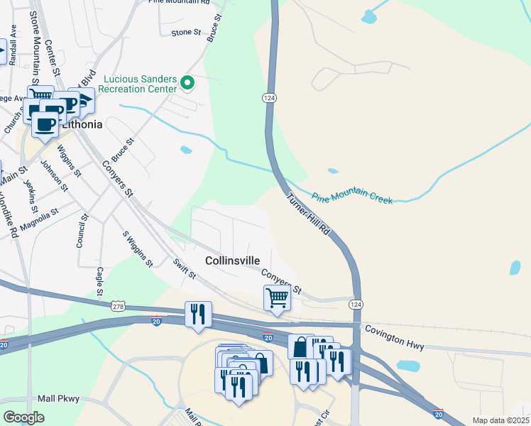 map of restaurants, bars, coffee shops, grocery stores, and more near 7206 McDaniel Street in Lithonia