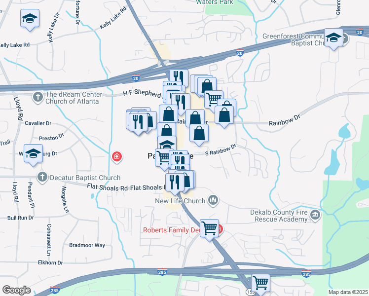 map of restaurants, bars, coffee shops, grocery stores, and more near 2752 Candler Road in Decatur