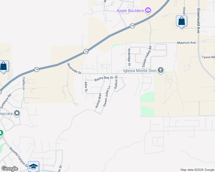 map of restaurants, bars, coffee shops, grocery stores, and more near 53021 Sweet Juliet Lane in Lake Elsinore
