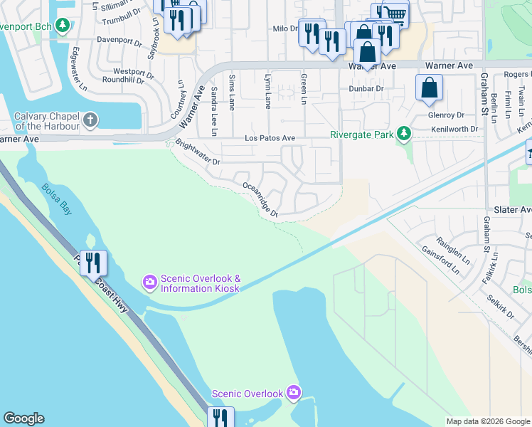 map of restaurants, bars, coffee shops, grocery stores, and more near 4746 Oceanridge Drive in Huntington Beach