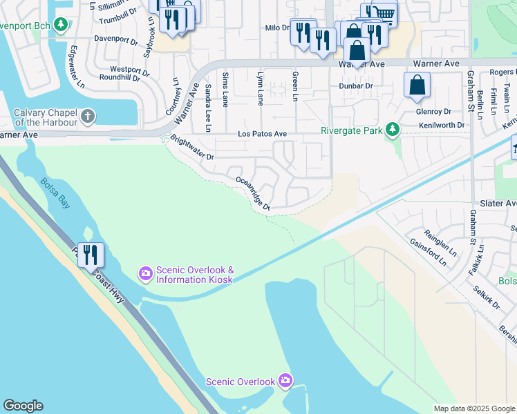 map of restaurants, bars, coffee shops, grocery stores, and more near 4746 Oceanridge Drive in Huntington Beach