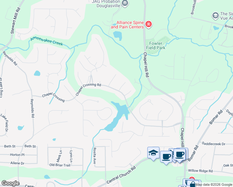 map of restaurants, bars, coffee shops, grocery stores, and more near 5025 Chapel Crossing Road in Douglasville