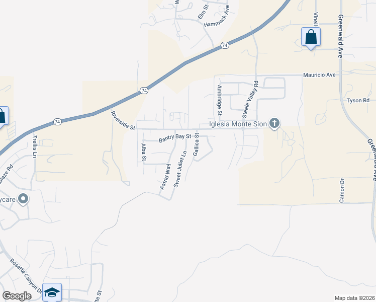 map of restaurants, bars, coffee shops, grocery stores, and more near 53020 Sweet Juliet Lane in Lake Elsinore