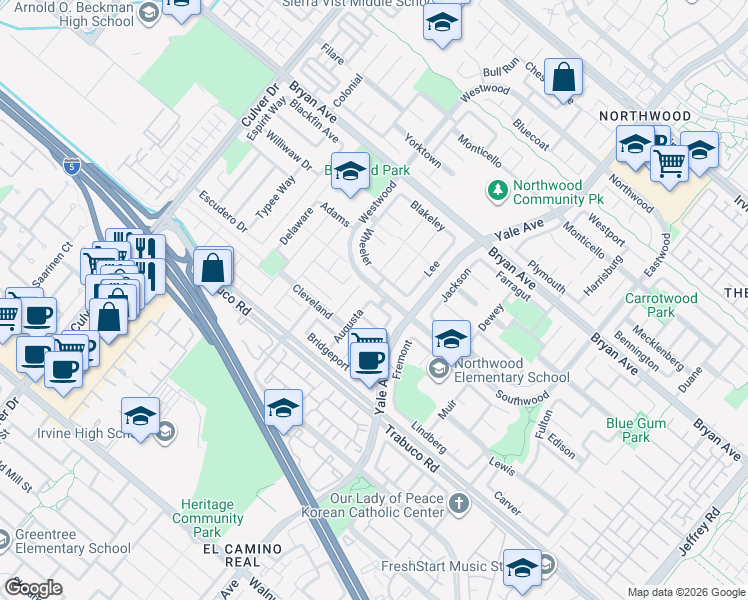 map of restaurants, bars, coffee shops, grocery stores, and more near 6 Leesburg in Irvine
