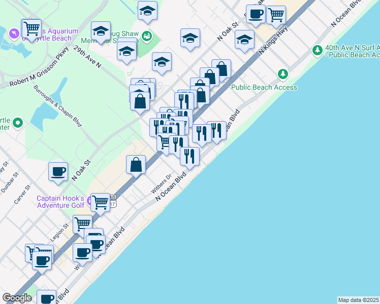 map of restaurants, bars, coffee shops, grocery stores, and more near 2805 North Ocean Boulevard in Myrtle Beach