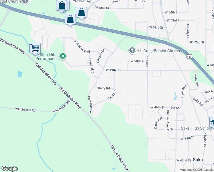map of restaurants, bars, coffee shops, grocery stores, and more near 1317 Barry Road in Anniston