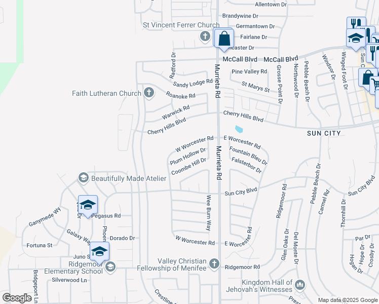 map of restaurants, bars, coffee shops, grocery stores, and more near 25830 Plum Hollow Drive in Menifee