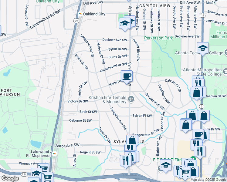 map of restaurants, bars, coffee shops, grocery stores, and more near 1726 Melrose Drive Southwest in Atlanta