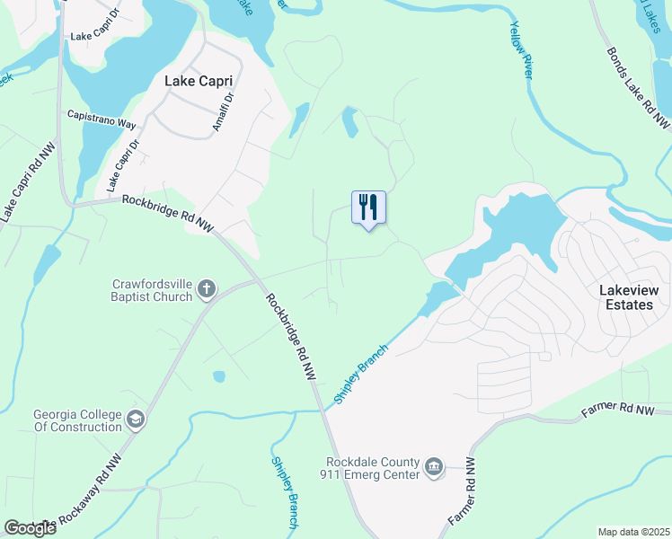 map of restaurants, bars, coffee shops, grocery stores, and more near 2433 Lake Rockaway Road Northwest in Conyers