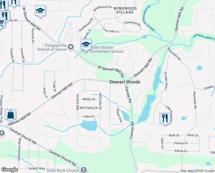 map of restaurants, bars, coffee shops, grocery stores, and more near 5531 Stewart Woods Drive in Douglasville
