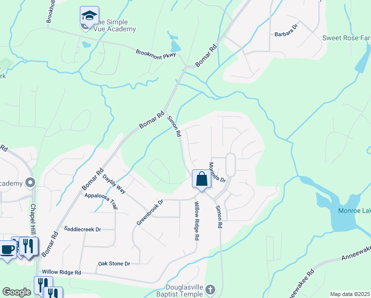 map of restaurants, bars, coffee shops, grocery stores, and more near 3621 Guinevere Trace in Douglasville